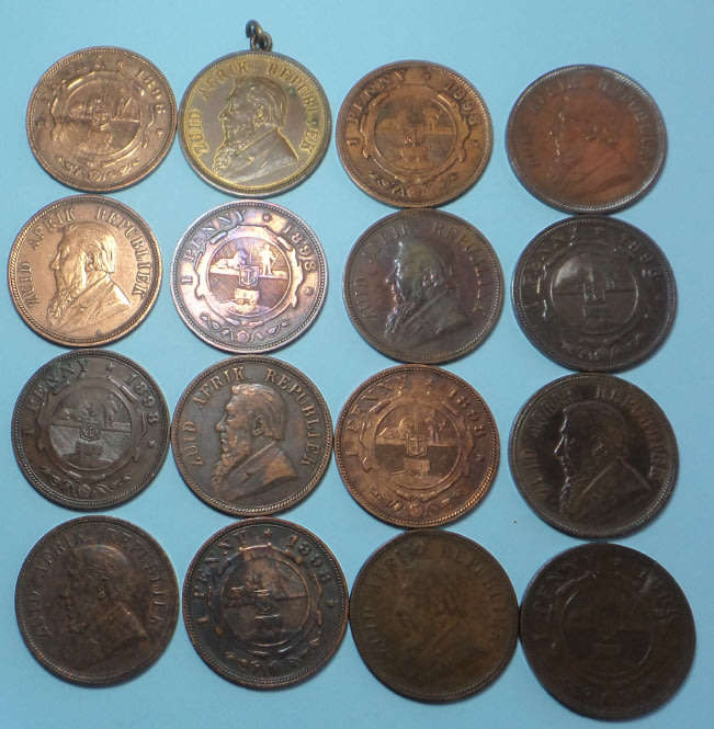 Collection of 16 "details" Paul Kruger ZAR Pennies of 1898