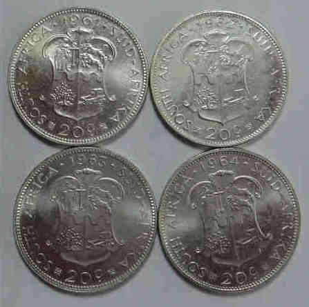 Republic of South Africa: Set of SUPERB Silver 20c pieces (1961-1964)