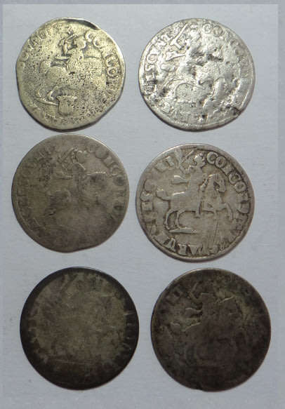 Netherlands, Lot of six silver Rijderschellings (6-Stuivers) (mostly 1600s)