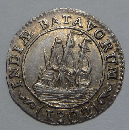 Netherlands,  Batavia, Silver 1/8th Ship Gulden of 1802 (High Grade)