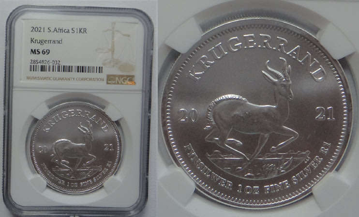 Rep. of South Africa: Silver Krugerrand 2021, NGC graded MS 69