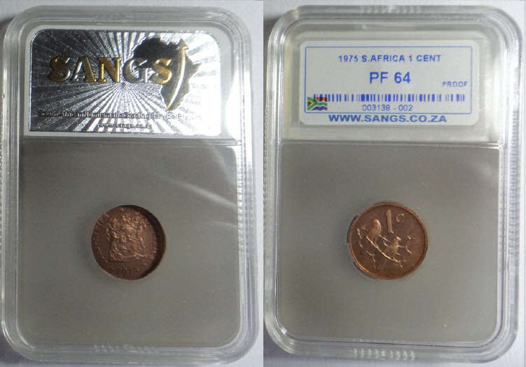 Republic of South Africa: Cent 1975, Sangs graded PF 64