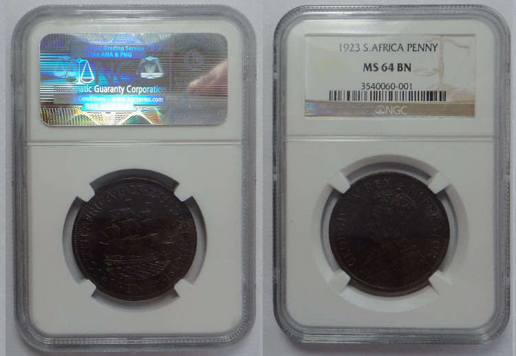 Union of South Africa: Penny 1923: NGC graded MS 64 BN