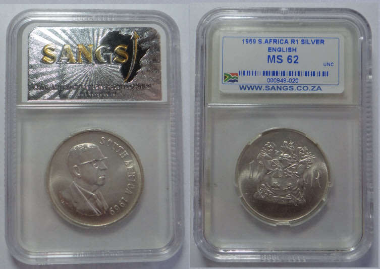 Republic of South Africa: Silver R1 of 1969 (Eng.) Sangs graded MS 62