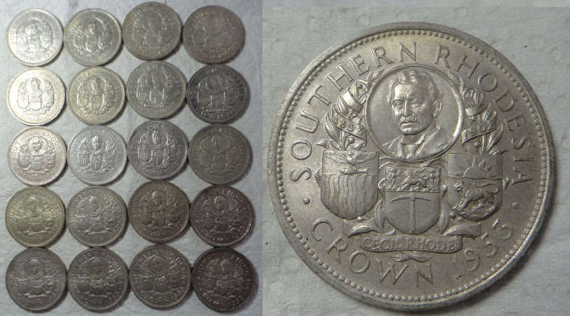 Southern Rhodesia: Silver Rhodes Crown (5/-) of 1953 (20 available, Bid per Coin)