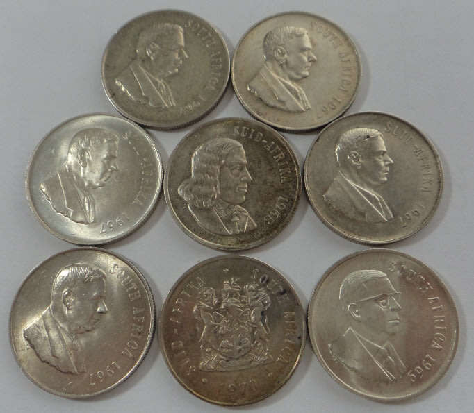 Republic of South Africa: Eight Silver R1 Coins of the 1967-1970