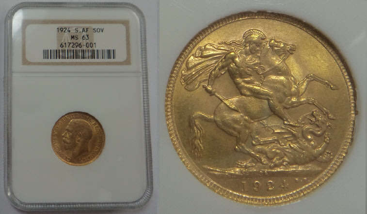 Union of South Africa: Gold Pound (Sovereign) of 1924: NGC graded MS 63 (Very Rare)
