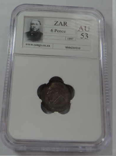 Paul Kruger ZAR, Sixpence of 1897, Sangs graded AU 53