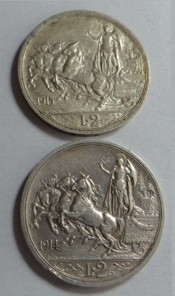 Italy: King Vittorio Emanuele III, Silver 2-Lire Coins of 1914 and 1915