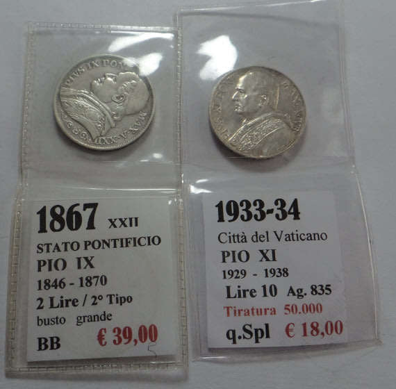 Italy, Papal States / Vatican, Silver 2-Lira (1867) and 10 Lire (1933/4)
