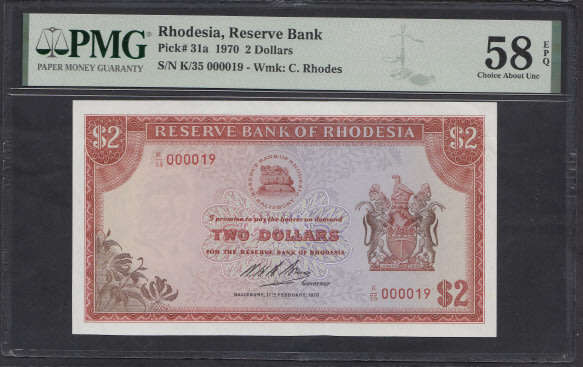 Rhodesia: Two Dollars (Pick 31a) PMG 58 graded Choice About Unc