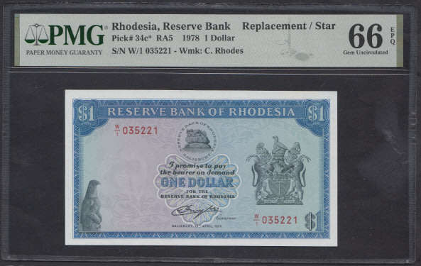 Rhodesia: One Dollar (Pick 34c*) PMG graded 66 Gem Uncirculated