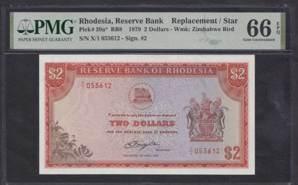 Rhodesia: Two Dollars (Pick 39a*) PMG graded 66 Gem Uncirculated