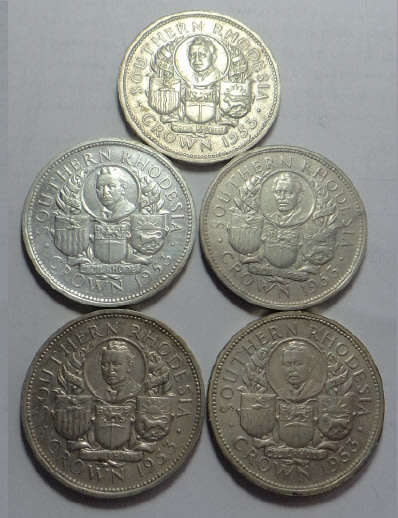 Rhodesia: Silver Rhodes Crown of 1953 (Bid per coin to take all 5)
