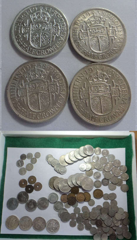 Rhodesia: Collection of Four Sterling Silver Half Crowns plus other coins