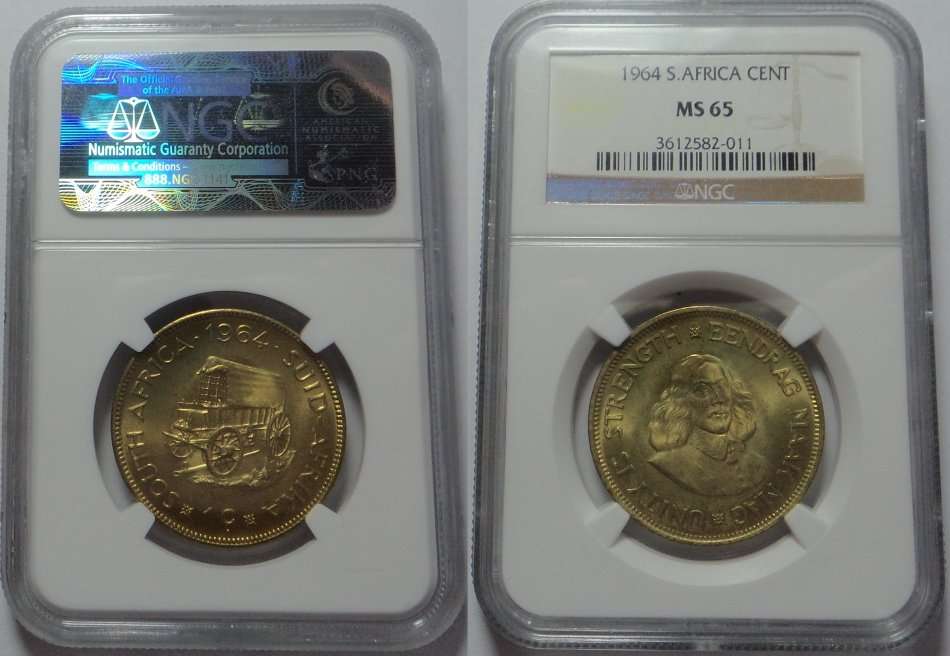 Republic of South Africa: One Cent of 1964: NGC graded MS 65