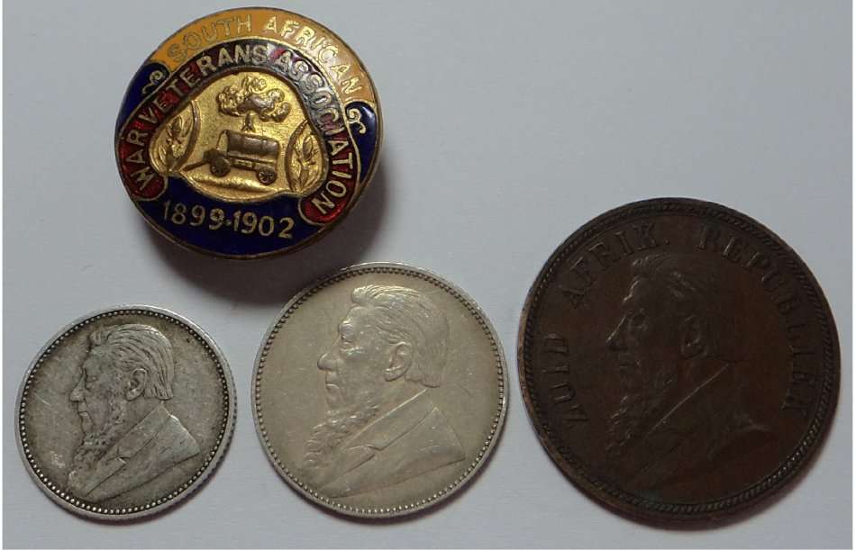 Paul Kruger ZAR: Penny (1898) Sixpence (1897) Shilling (1896) & Pin