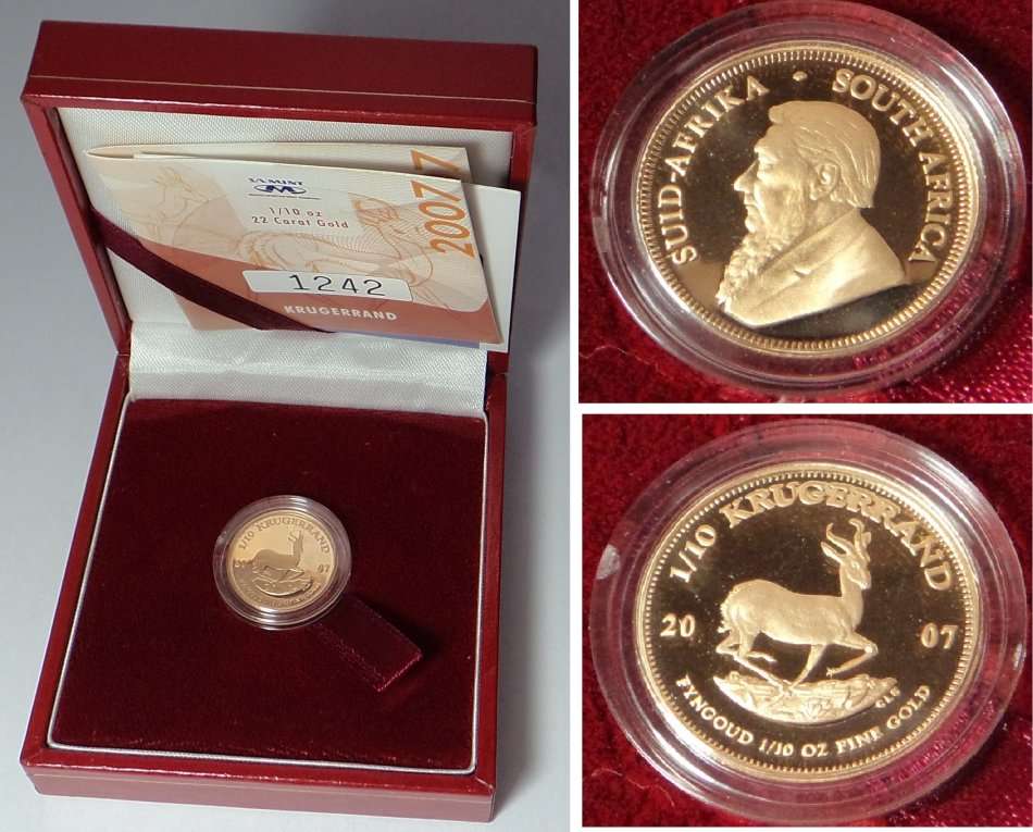 Republic of South Africa: GOLD 1/10 Oz Proof Kruger Rand 2007