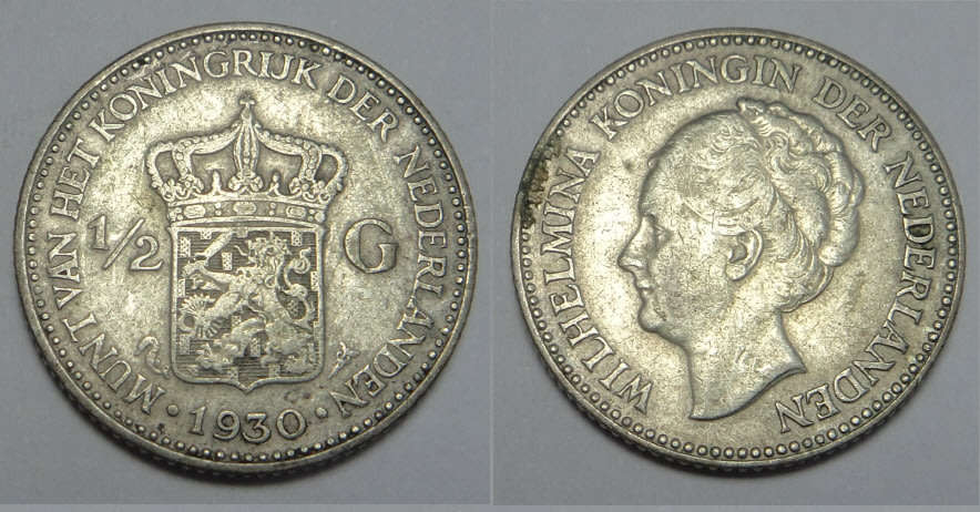 Netherlands, Queen Wilhelmina, Silver Half Gulden 1930