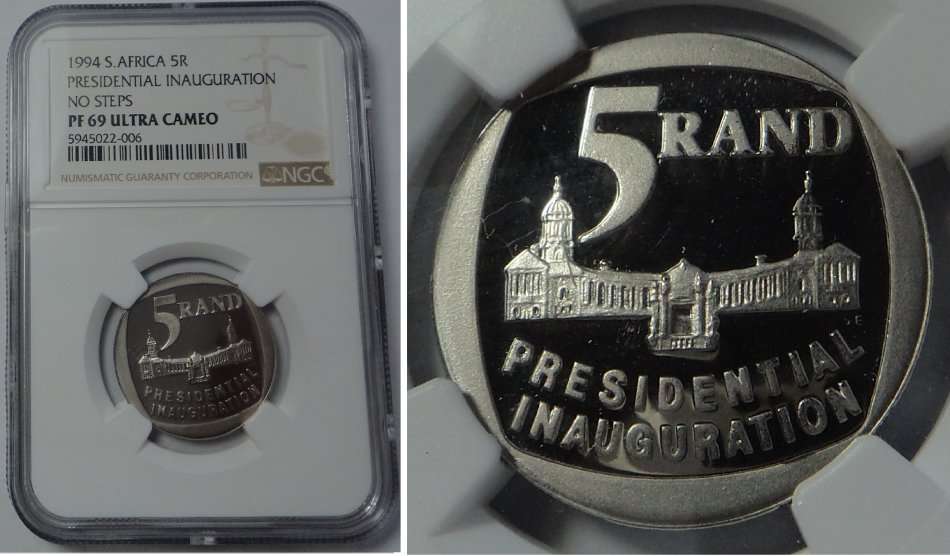 Rep. of S. Africa: Presidential Inauguration (No Steps) R5 of 1994, NGC PF 69 Ultra Cameo