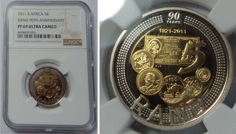 Rep. of S. Africa: Rand 90th Anniversary R5 of 2011, NGC  PF 69 Ultra Cameo