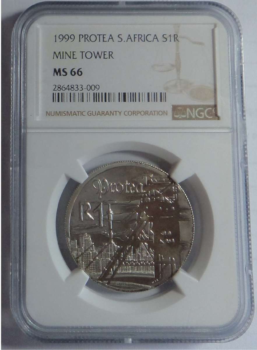 Republic of South Africa: Silver R1 of 1999 (Mine Tower) NGC MS 66