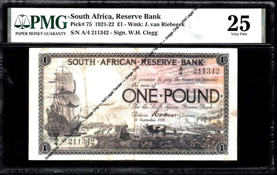 SA Reserve Bank One Pound: CLEGG: 21 September 1921: PMG 25 Very Fine
