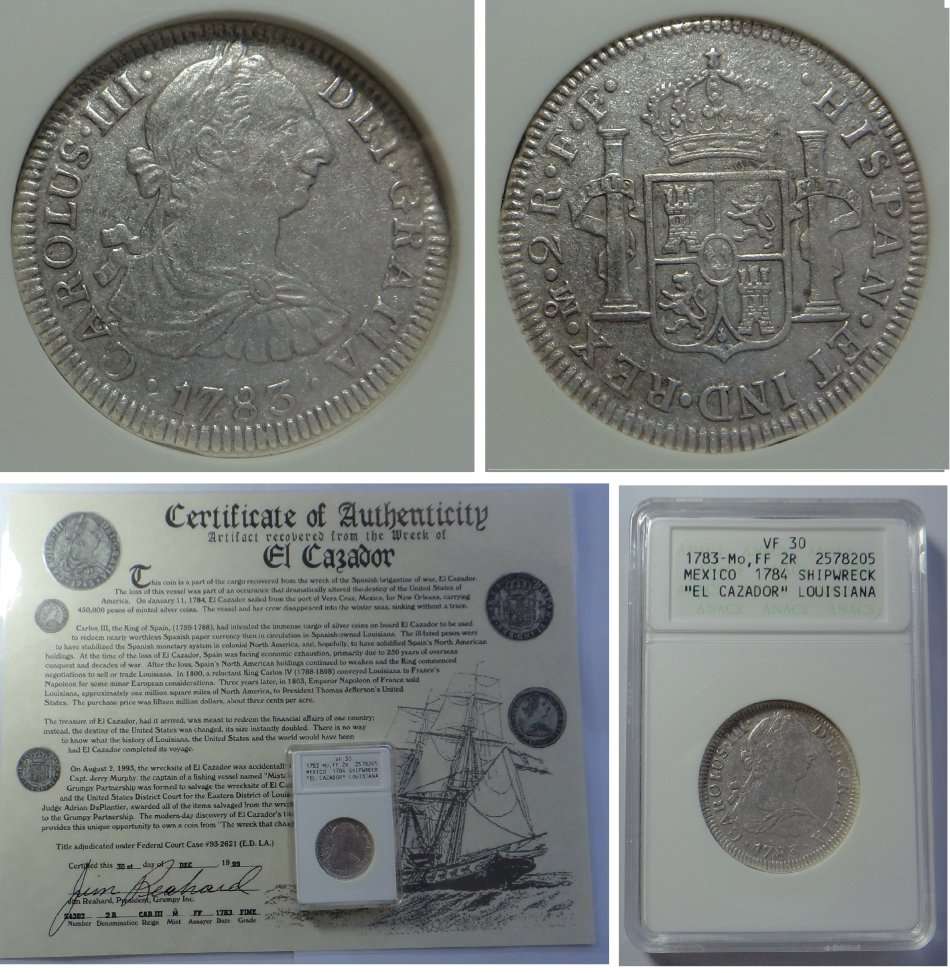 Spanish Mexican Silver 2 Reales from the El Cazador Shipwreck (Louisiana 1784)