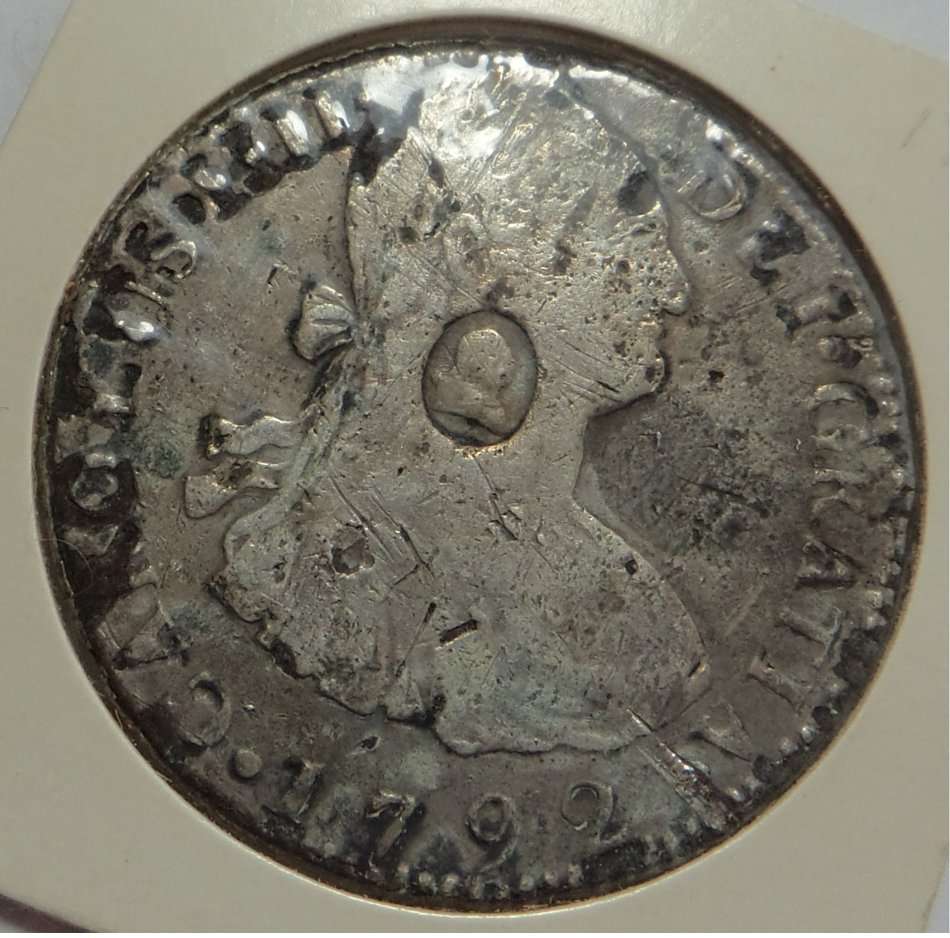 Spain: Carolus IIII Silver Piece of Eight (8 Reales) of 1792 (Counter-stamped King George III)