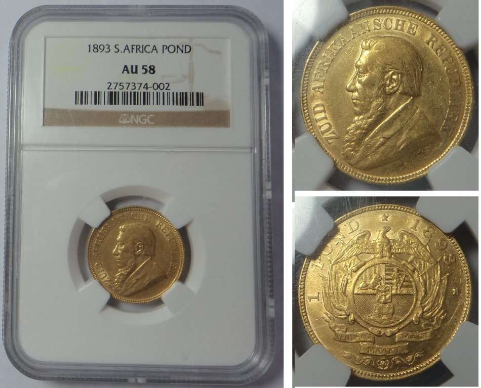 Paul Kruger ZAR: Gold Pond 1893: NGC graded AU 58
