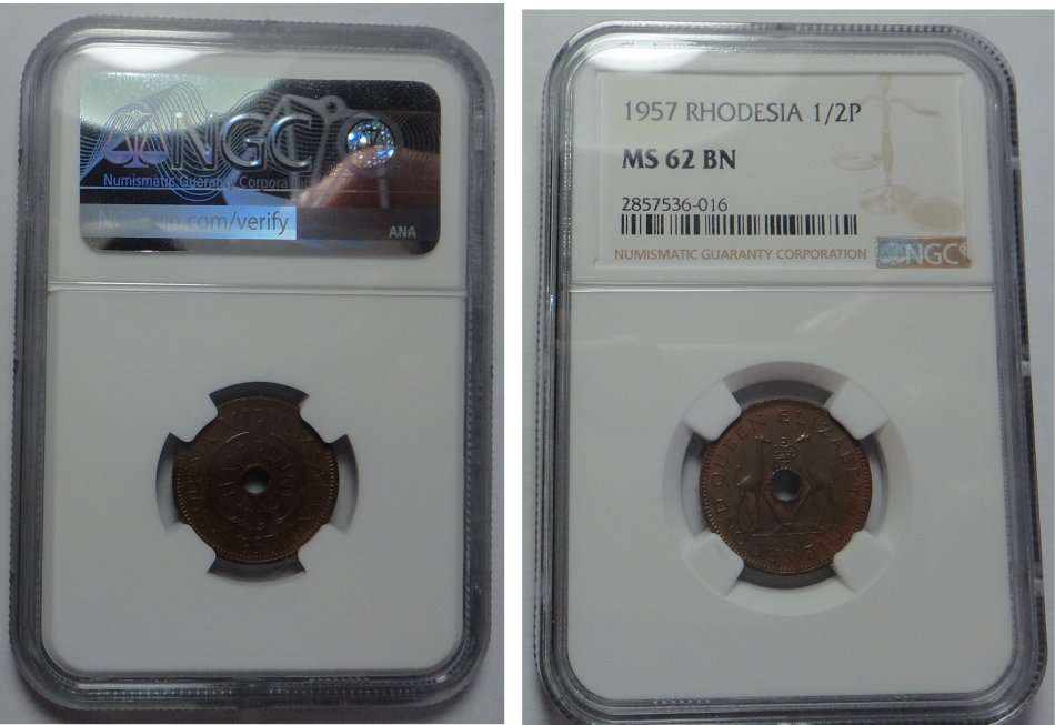 Rhodesia & Nyasaland: Half Penny of 1957: NGC graded MS 62 BN