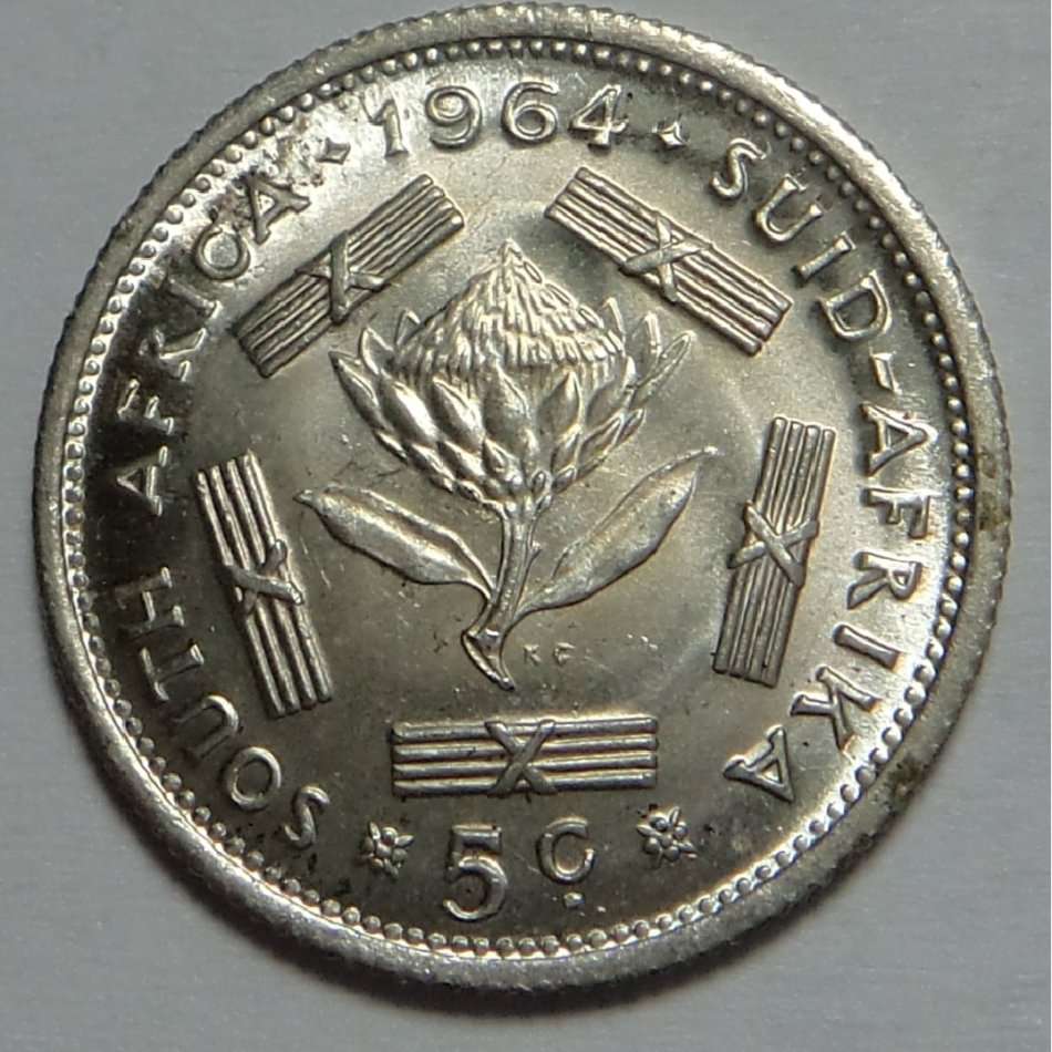 Republic of South Africa: Silver 5 Cent 1964 (UNC)