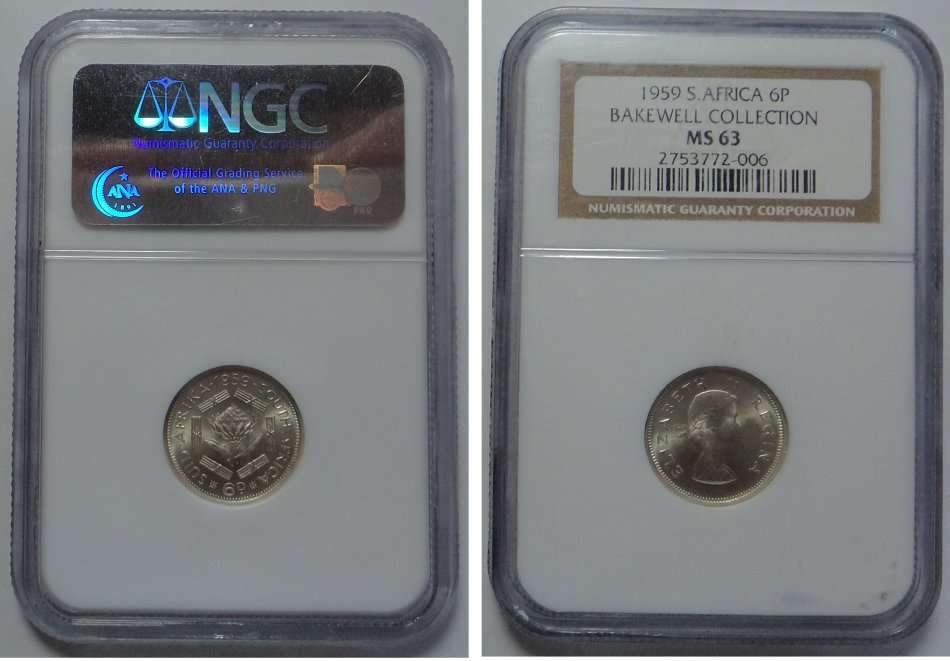 Union of South Africa: Sixpence of 1959: NGC graded MS 63