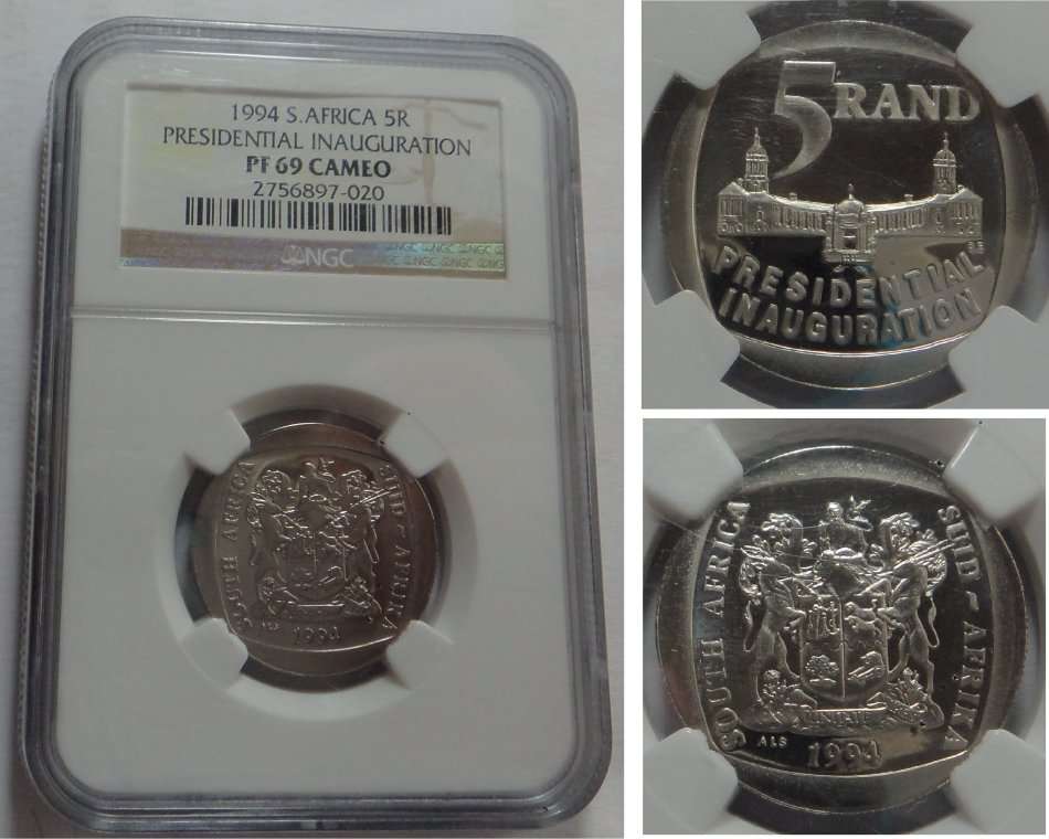 Republic of South Africa: Inauguration R5 of 1994: NGC PF 69 Cameo
