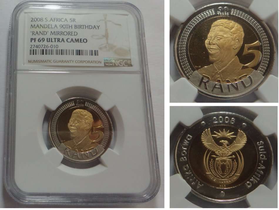 Rep. of S. Africa: Mandela R5 of 2008 (Rand Mirrored) NGC PF 69 Ultra Cameo