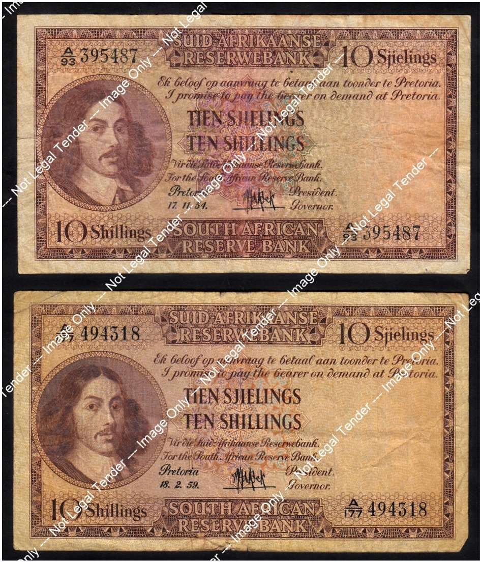 Union of South Africa: Two Ten Shillings Notes (17.11.54 & 18.2.59)