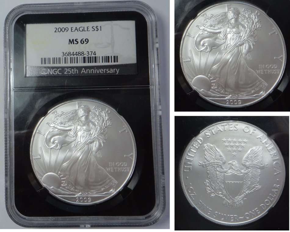 USA Silver Eagle Dollar 2009: NGC MS 69 25th Anniversary