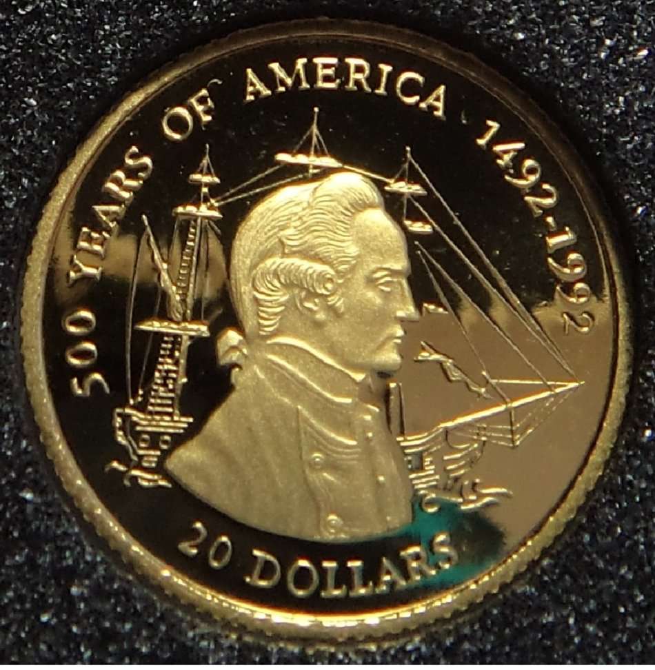 Cook Islands: Proof GOLD 20 Dollars 1995 (America 500 Years) 1/25 OZ Gold