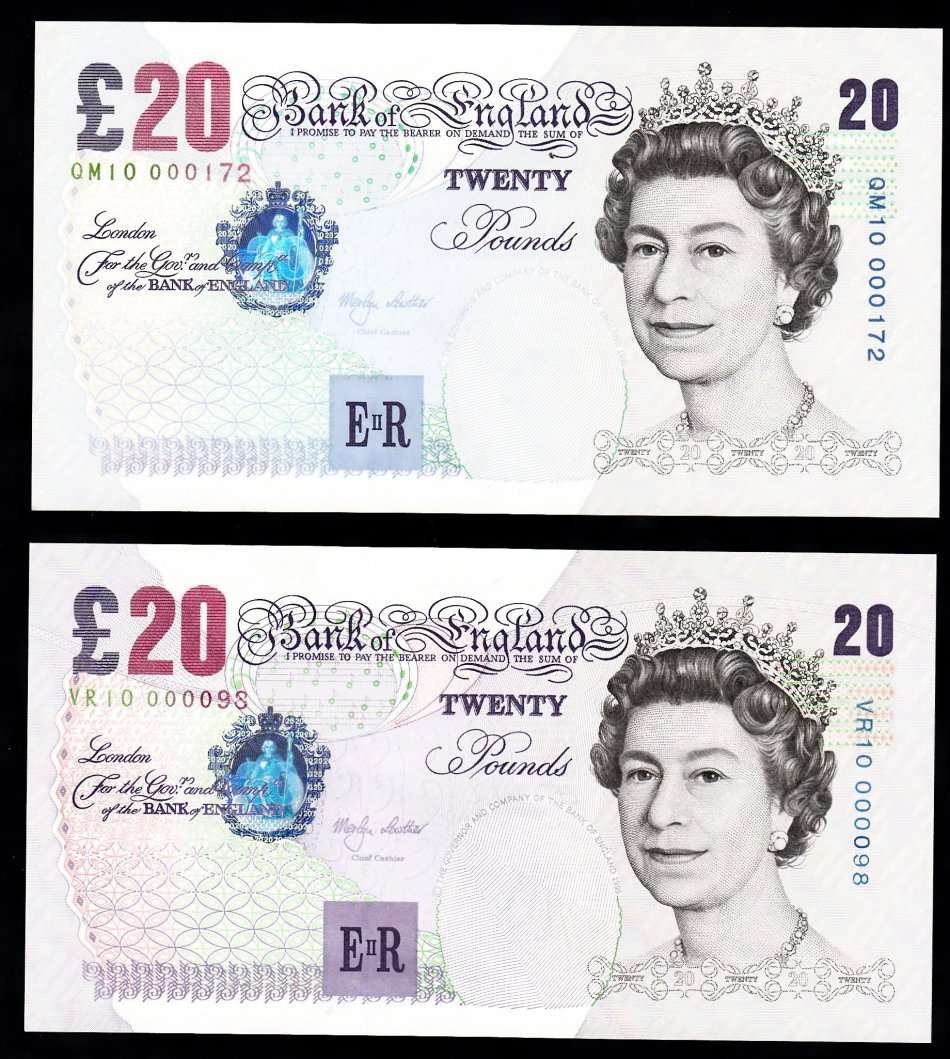 Great Britain: Two 20 Pound Notes (Blue and Purple varieties)
