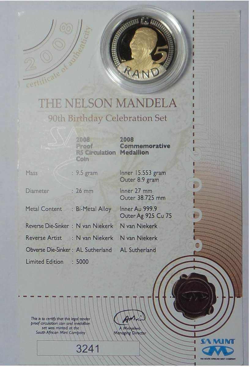 RSA: Proof R5, Nelson Mandela 1918-2008 (9 available with COA)