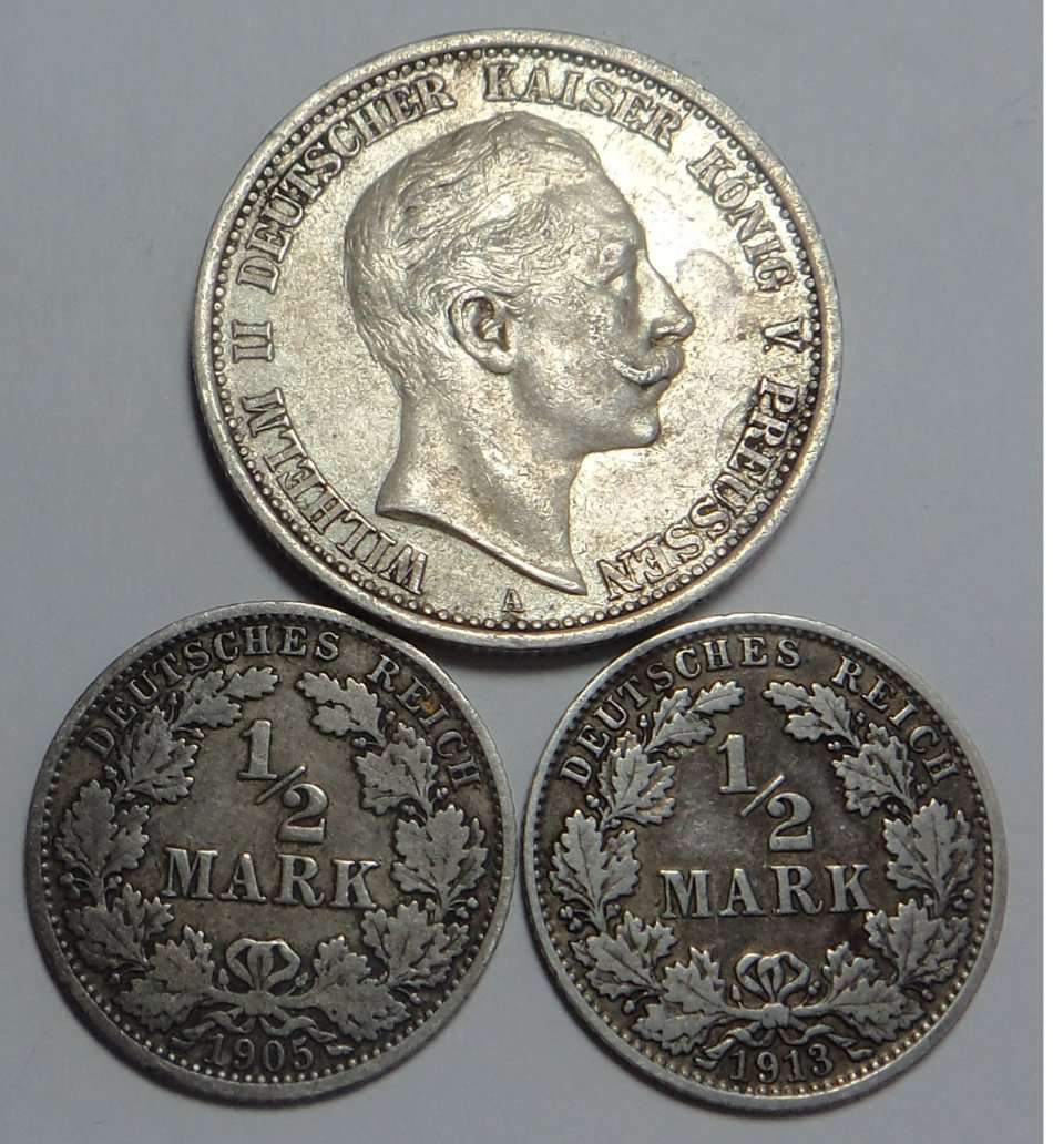 Imperial Germany: Two 1/2 Marks (1905 A & 1913 J) & 2 Mark 1907 A