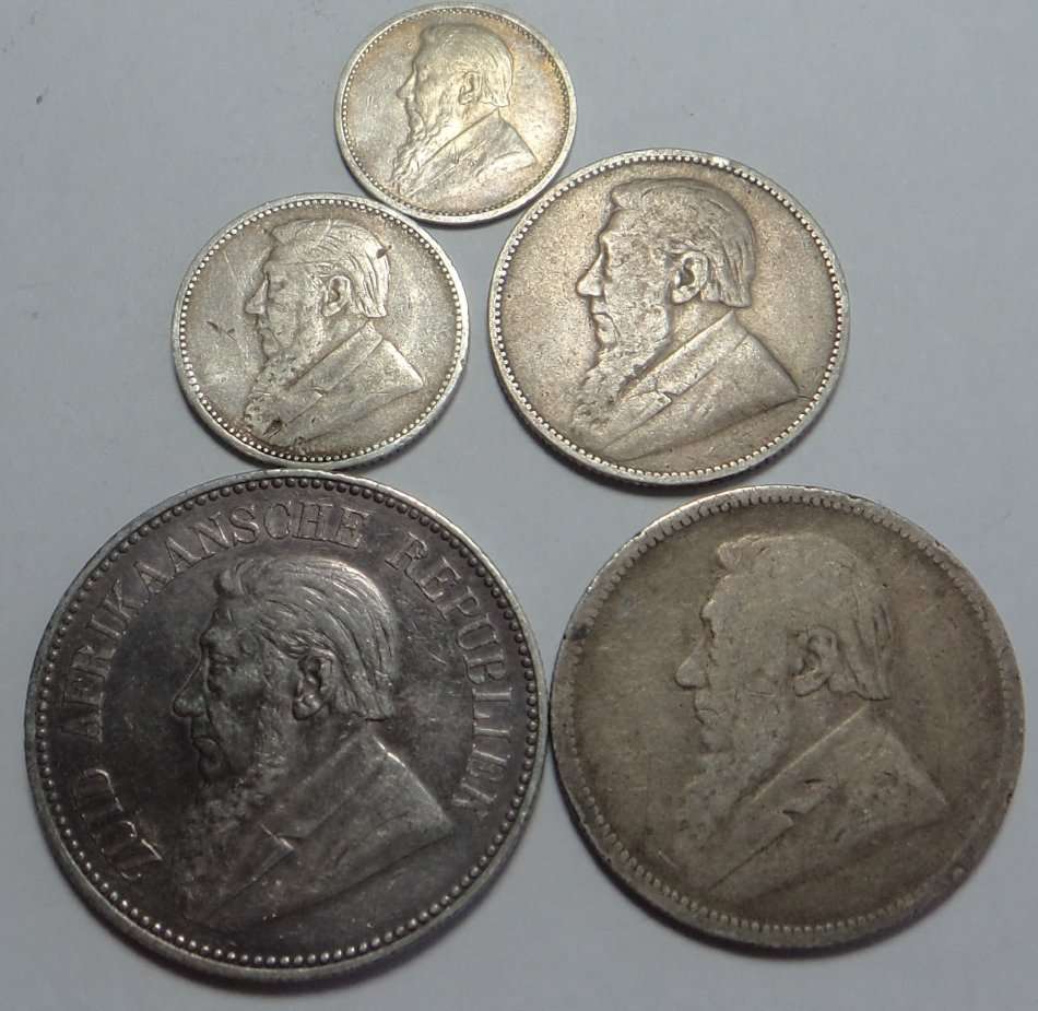 Paul Kruger ZAR: Type Set of Silver Coins (Tickey up to Half Crown)
