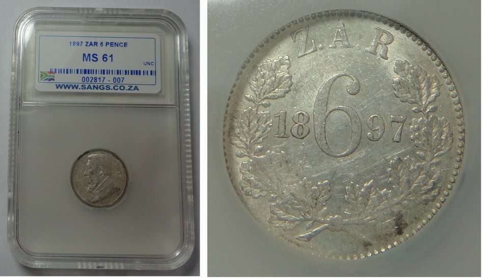 Paul Kruger ZAR: Sixpence of 1897, Sangs graded MS 61