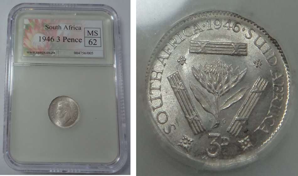 Union of SA: Tickey (3d) of 1946, Sangs graded MS 62