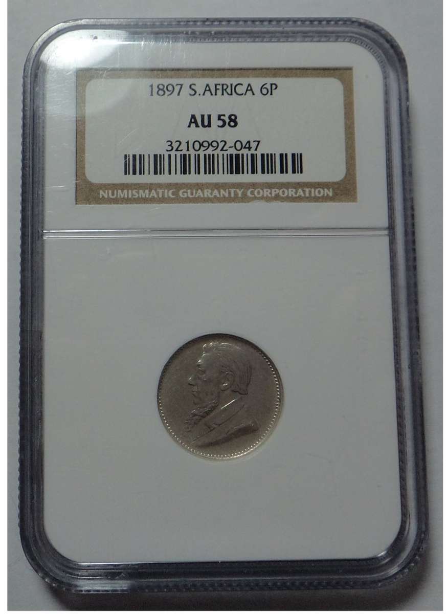 Paul Kruger ZAR: Sixpence of 1897: NGC AU 58