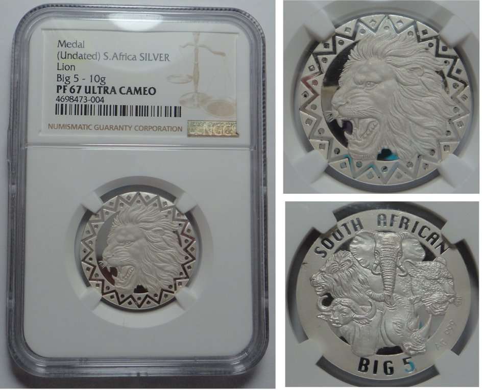 S. Africa Silver Lion Big 5 (10g) NGC PF 67 UC