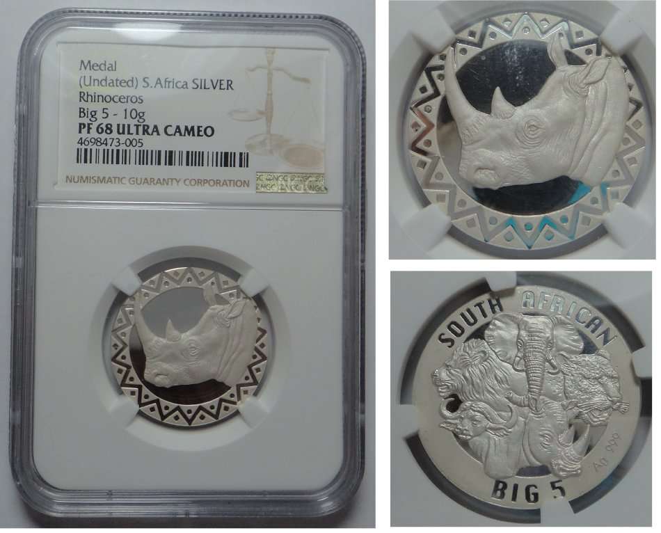 S. Africa Silver Rhinoceros Big 5 (10g) NGC PF 68 UC
