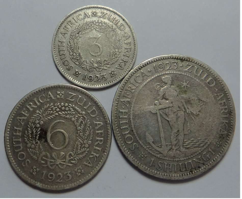 Union of SA: Set of 3d, 6d & 1/- of 1923 (First year of Issue)