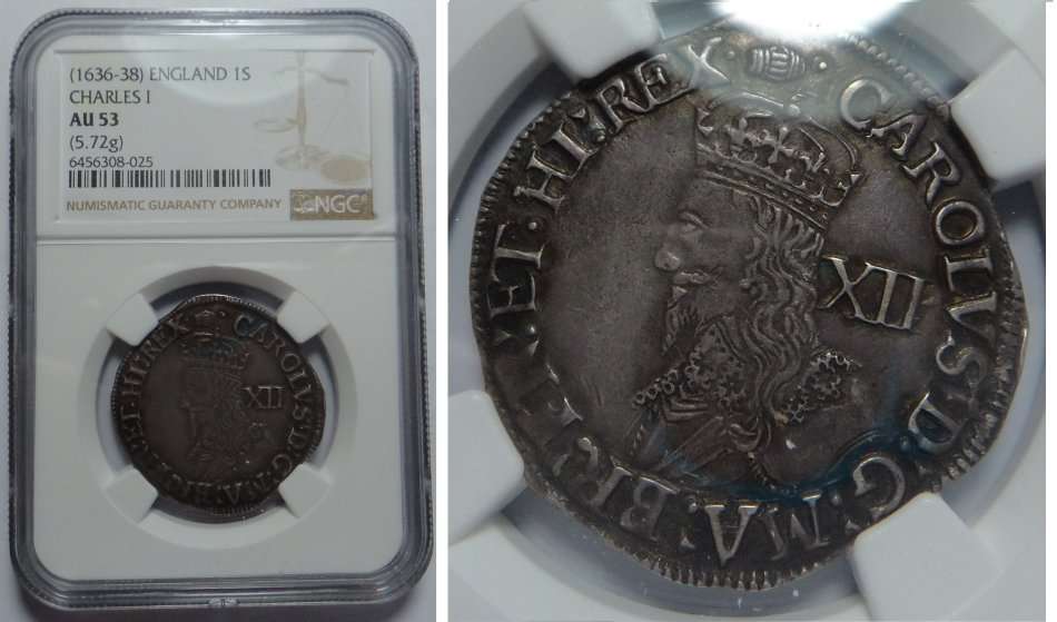 Charles I, Shilling 1636-38 NGC AU 53