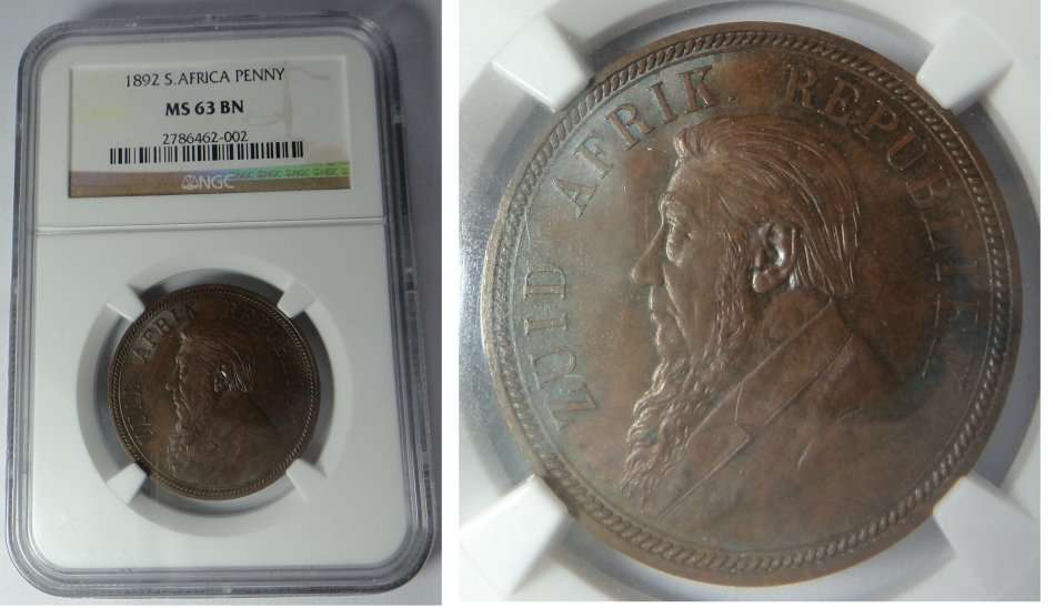 Paul Kruger ZAR: Penny of 1892: NGC MS 63 BN